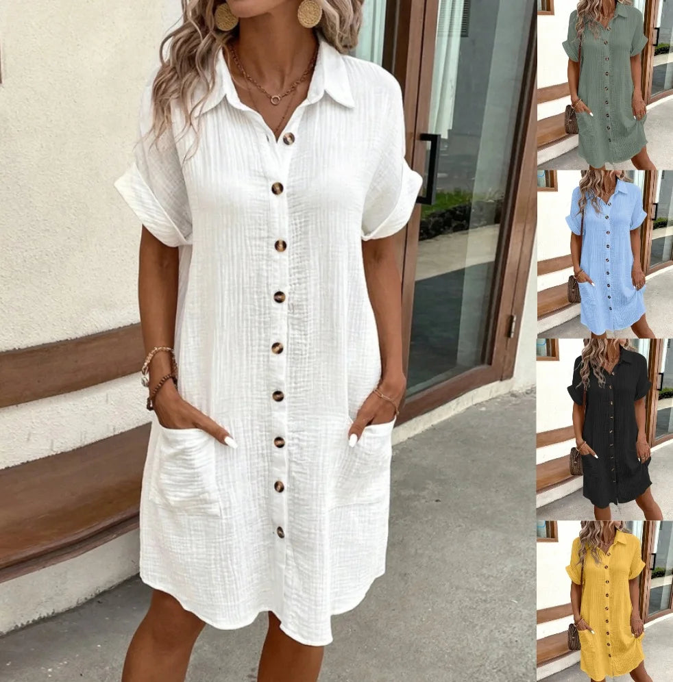 Sommerliches, einfarbiges, schlichtes Kurzarm-Hemdkleid für Damen mit Umlegekragen, einreihig, lässig-elegant, locker geschnitten