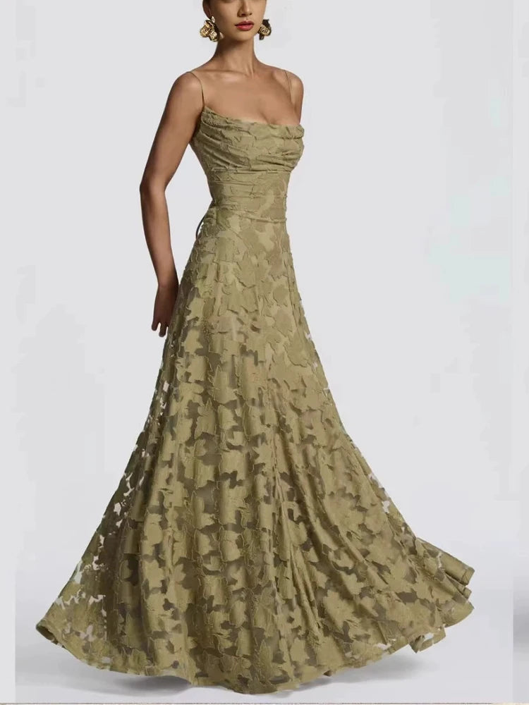 2026 Blumengesticktes Maxikleid für Damen, Sommerparty, Ballkleider, sexy rückenfreie Trägerkleider im französischen Stil, Abendkleid