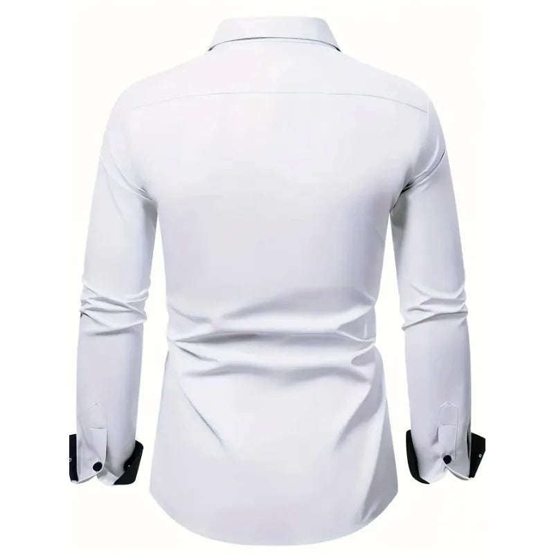 FGKKS Herren Weißes Hemd Brandneue Herrenmode Patchwork Langarm Elastisches Hemd Vier Jahreszeiten Herren Freizeithemden