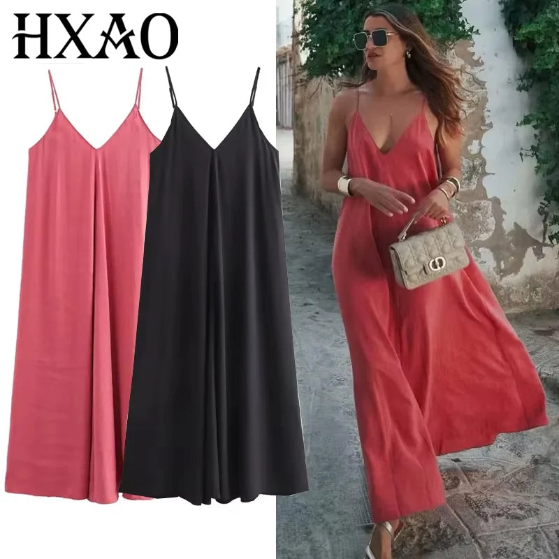 HXAO Slipkleid Damen 2024 Sommer Damen Loose Kleider Ärmellose dünne Träger Schwarze lange Kleider Rückenfreie Strandurlaubskleider