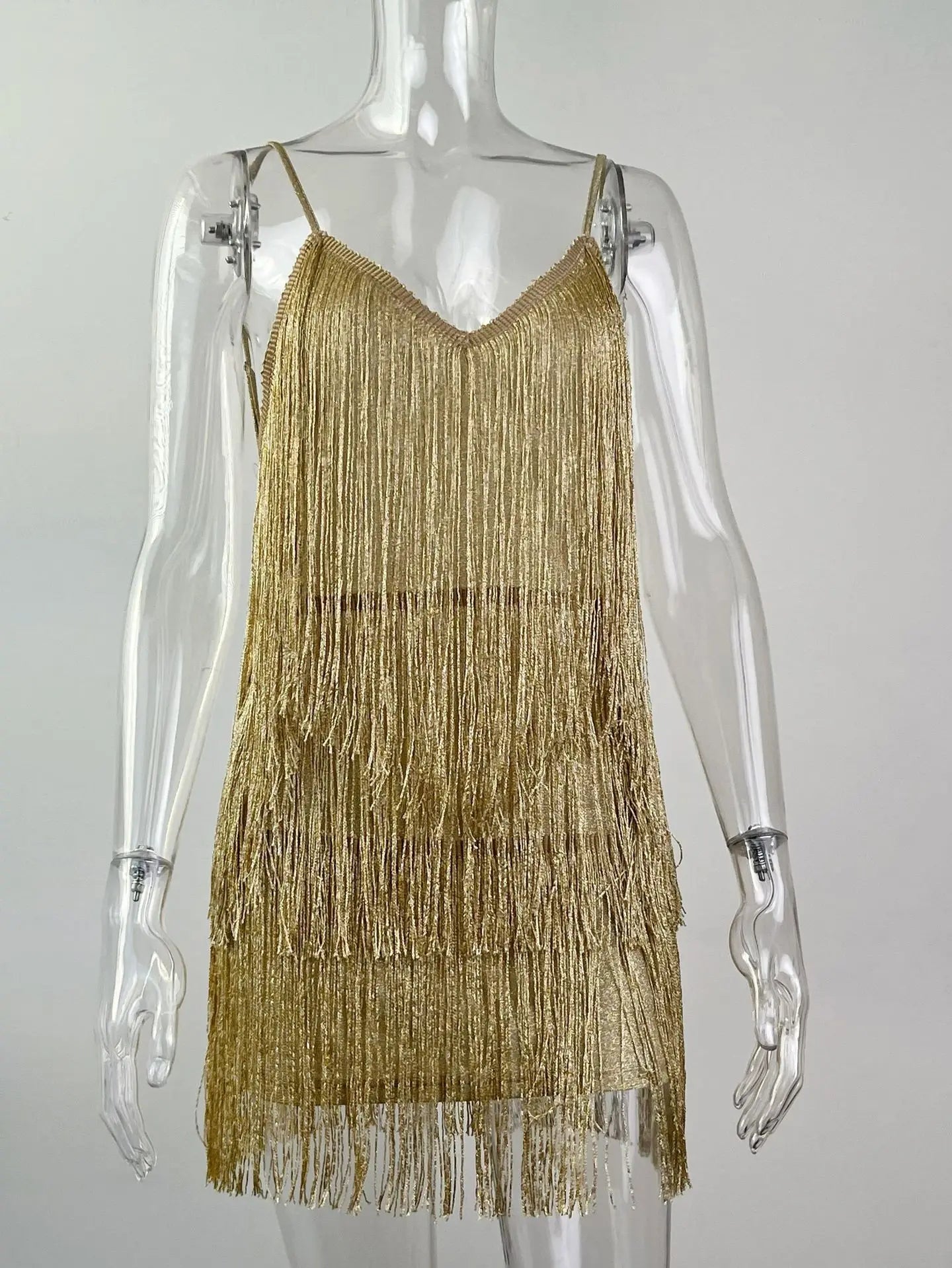 Leosoxs Damen sexy tiefes V-Ausschnitt Spaghettiträger Fransen Bodycon Minikleid Quasten rückenfrei Gatsby Cocktail Club Partykleider