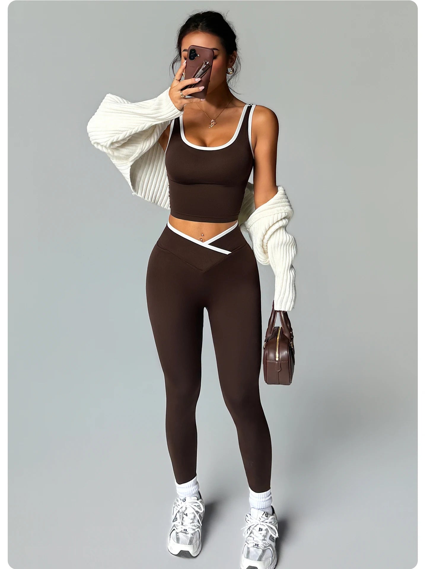 2 Piece Yoga Set Women Crossover V Waist Leggings Contrast Trim Sports Bra Gym Workout Matching Set Fitness Activewear Suit