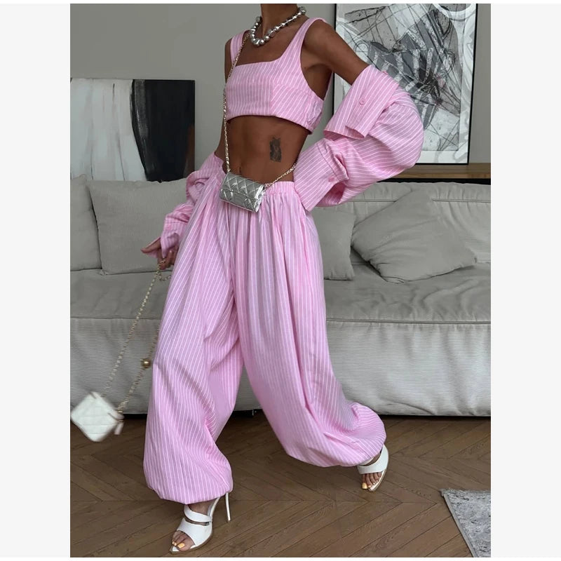 Women Low-rise Lantern Pants 3-piece Set Casual Striped Sleeveless Vest Long Sleeve Lapel Shirt Sets 2026 Lady Street Outfits