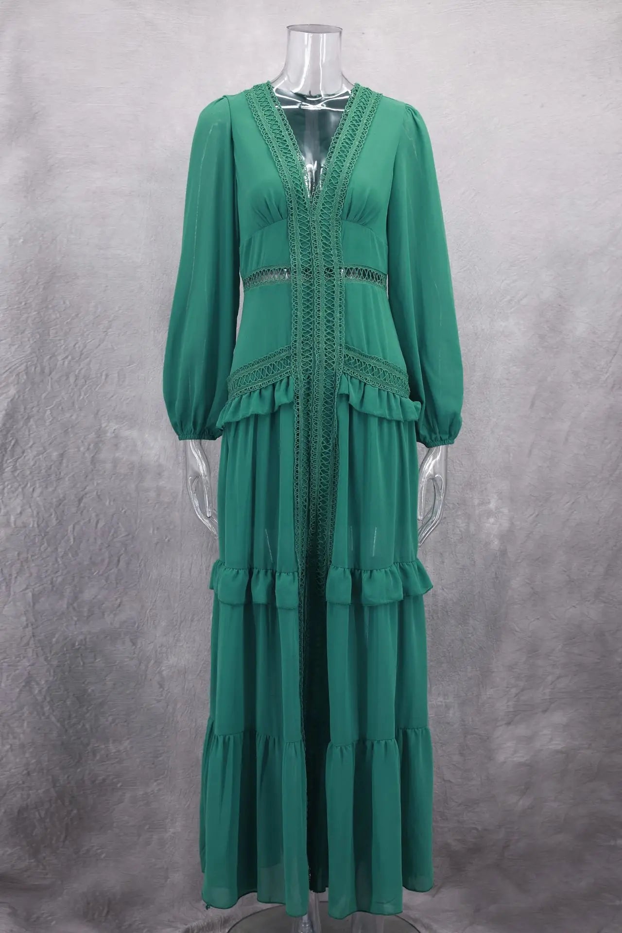 CM.YAYA Damen V-Ausschnitt Langarm Rüschen Spitze Langes Maxi-Kleid 2025 Frühling Strand Urlaub Party Sexy Street Vestidos Sexy Kleider