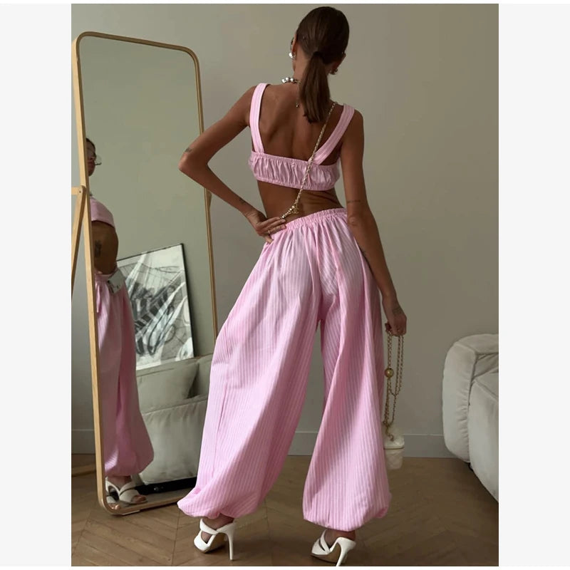 Women Low-rise Lantern Pants 3-piece Set Casual Striped Sleeveless Vest Long Sleeve Lapel Shirt Sets 2026 Lady Street Outfits
