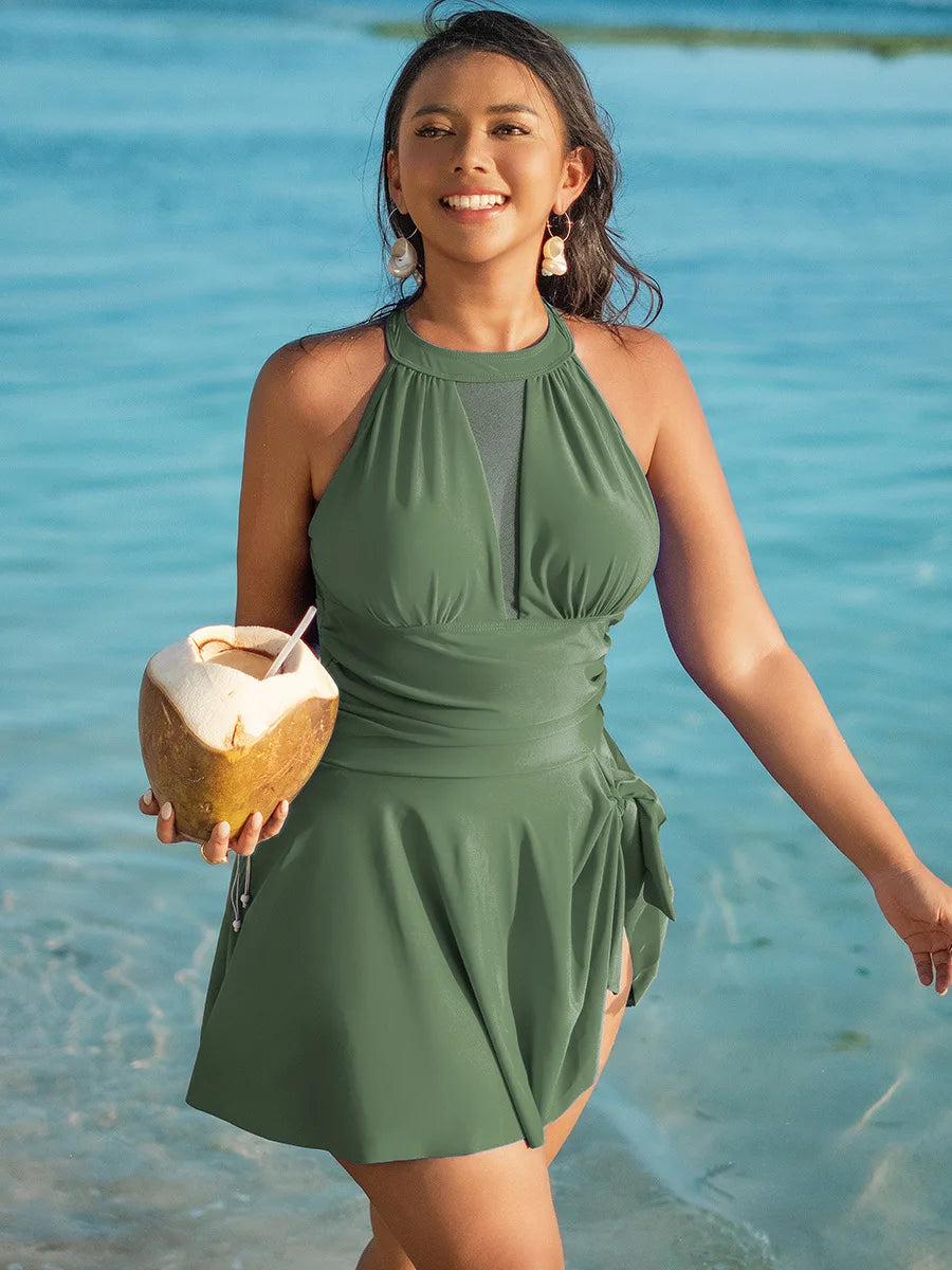 2025 Sexy Großer Einteiliger Bikini Damenkleid Solider Badeanzug Eng Anliegender Push-Up Damenkleid Bademode Netz-Strandrock Badeanzug