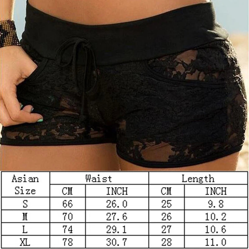 Damen-Shorts aus schwarzer Spitze mit Schnürung, niedriger Taille, sexy, hohl, modisch, mit Taschen und Kordelzug
