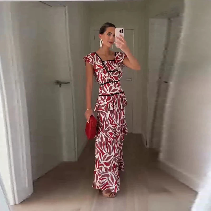 Bedrucktes Cascading Ruffles Damen Maxikleid Quadratischer Ausschnitt Kurzarm Damenkleider 2026 Mode Hohe Taille A-Linie Damen Robe