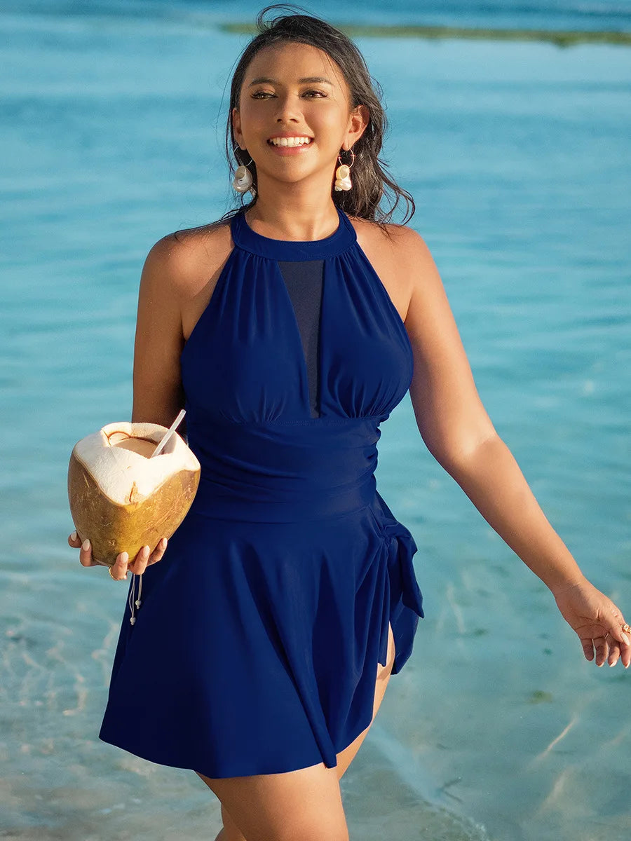 2025 Sexy Großer Einteiliger Bikini Damenkleid Solider Badeanzug Eng Anliegender Push-Up Damenkleid Bademode Netz-Strandrock Badeanzug