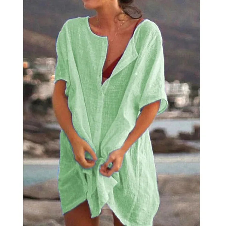 Damen Baumwolle Leinen Lange Bluse Sommer Kurzarm Einfarbige Knopfleiste Bluse Freizeitshirt Vintage Oversized S-8XL FYY1071