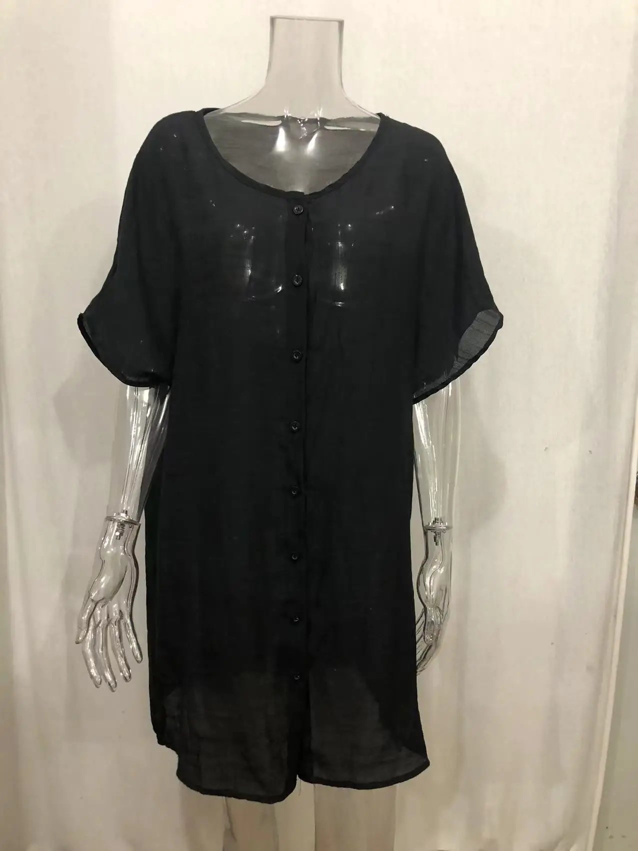 Damen Baumwolle Leinen Lange Bluse Sommer Kurzarm Einfarbige Knopfleiste Bluse Freizeitshirt Vintage Oversized S-8XL FYY1071