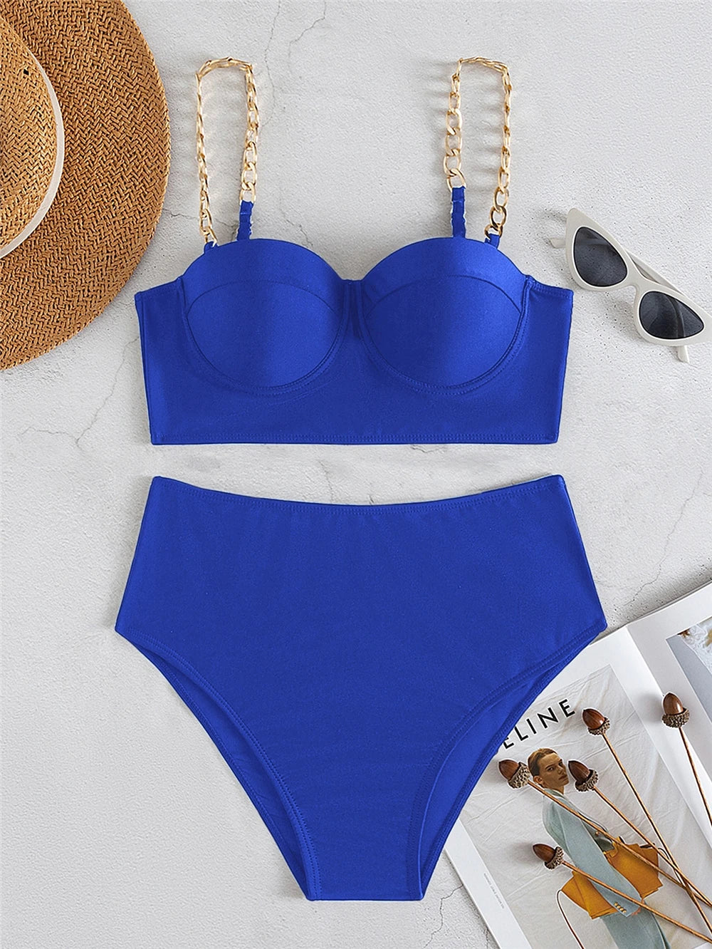 Kettenriemen-Bikinis 2026 Damen einfarbiger Push-up-Badeanzug High Waist Bademode weiblich sexy Badeanzug Schwimmen Sommer Strandmode