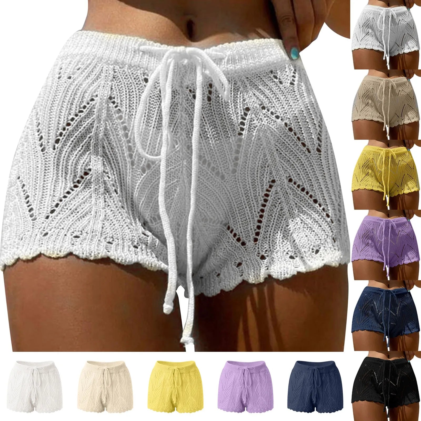 2026 Neue hohle gehäkelte Strick-Badeshorts mit Kordelzug und elastischem Bund für Damen, Sommer, sexy Strand-Cover-Ups, Shorts, Bademode, Pareo