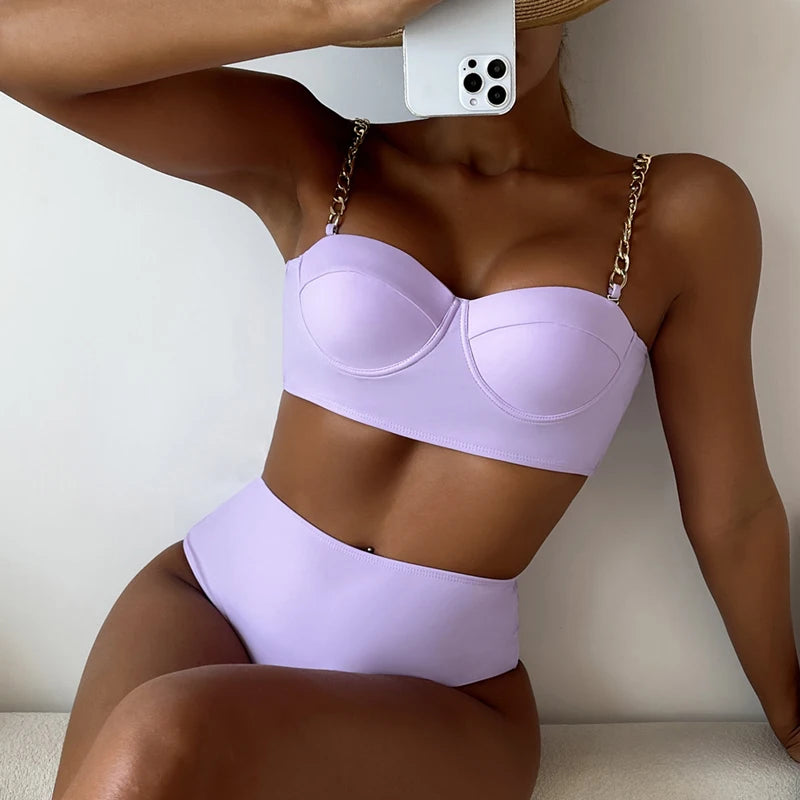 Kettenriemen-Bikinis 2026 Damen einfarbiger Push-up-Badeanzug High Waist Bademode weiblich sexy Badeanzug Schwimmen Sommer Strandmode