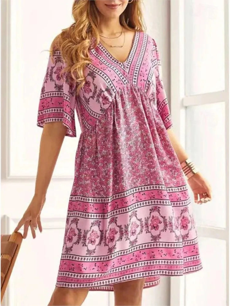 Autumn Women' Dress Summer V-neck Vintage Print Holiday Beach National Style Boho Midi Loose Dresses For Women Casual Vestidos
